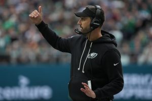 Oct 11, 2026; Tottenham, ENG; Philadelphia Eagles head coach Nick Sirianni reacts during the first half against the Jacksonville Jaguars at Tottenham Hotspur Stadium.