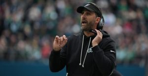 Oct 11, 2026; Tottenham, ENG; Philadelphia Eagles head coach Nick Sirianni reacts during the first half against the Jacksonville Jaguars at Tottenham Hotspur Stadium.