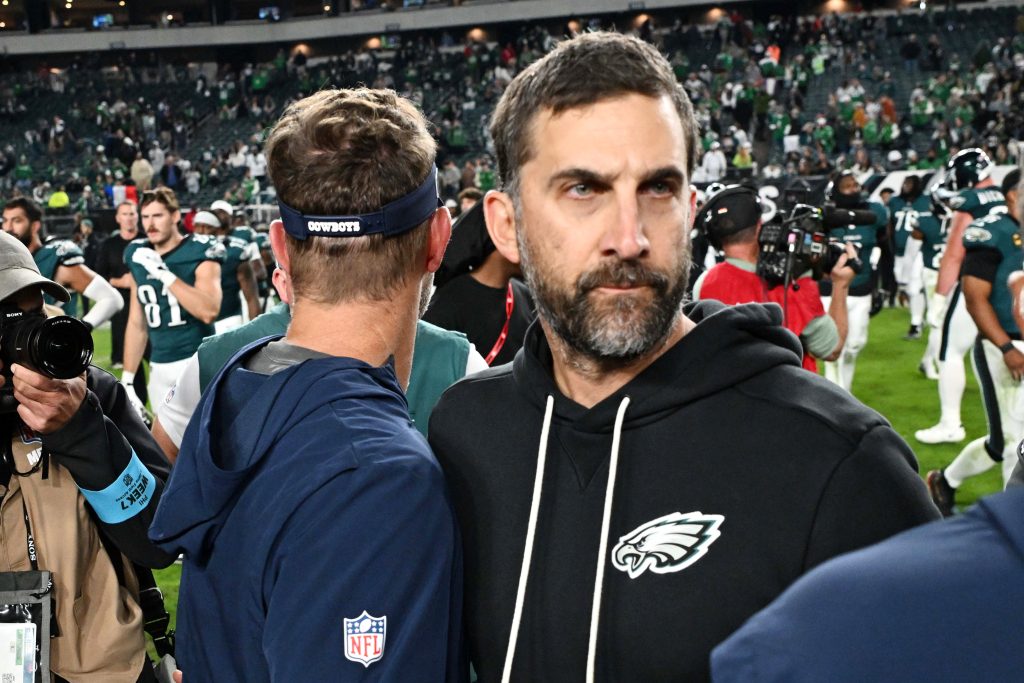 Oct 26, 2026; Philadelphia, Pennsylvania, USA; Philadelphia Eagles head coach Nick Sirianni greets Dallas Cowboys head coach Brian Schottenheimer on the field after the game at Lincoln Financial Field.