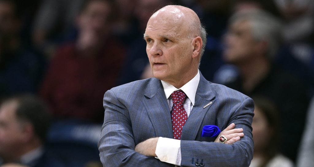 Dec 8, 2018; Villanova, PA, USA; Saint Joseph's Hawks head coach Phil Martelli looks on from the sidelines during the first half against the Saint Joseph's Hawks at Finneran Pavilion.