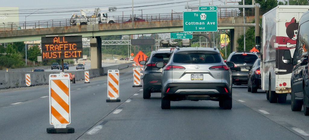 Traffic is pushed off the closed portion of Route 95 southbound at the Cottman Avenue exit in Northeast Philadelphia, PA, Wednesday, June 14, 2023. The roadway remains closed after a tanker fire under the roadway at the Cottman Avenue overpass caused the collapse of the northbound roadway.