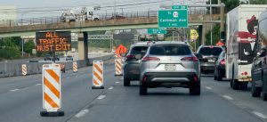 Traffic is pushed off the closed portion of Route 95 southbound at the Cottman Avenue exit in Northeast Philadelphia, PA, Wednesday, June 14, 2023. The roadway remains closed after a tanker fire under the roadway at the Cottman Avenue overpass caused the collapse of the northbound roadway.