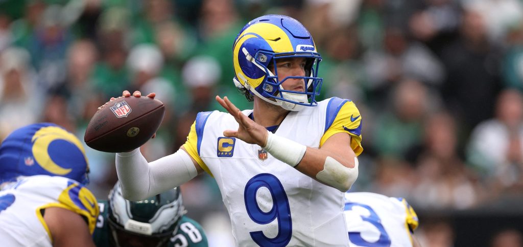 Oct 4, 2026; Philadelphia, Pennsylvania, USA; Los Angeles Rams quarterback Matthew Stafford (9) throws a pass against the Philadelphia Eagles during the second half at Lincoln Financial Field.