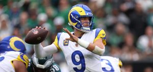 Oct 4, 2026; Philadelphia, Pennsylvania, USA; Los Angeles Rams quarterback Matthew Stafford (9) throws a pass against the Philadelphia Eagles during the second half at Lincoln Financial Field.
