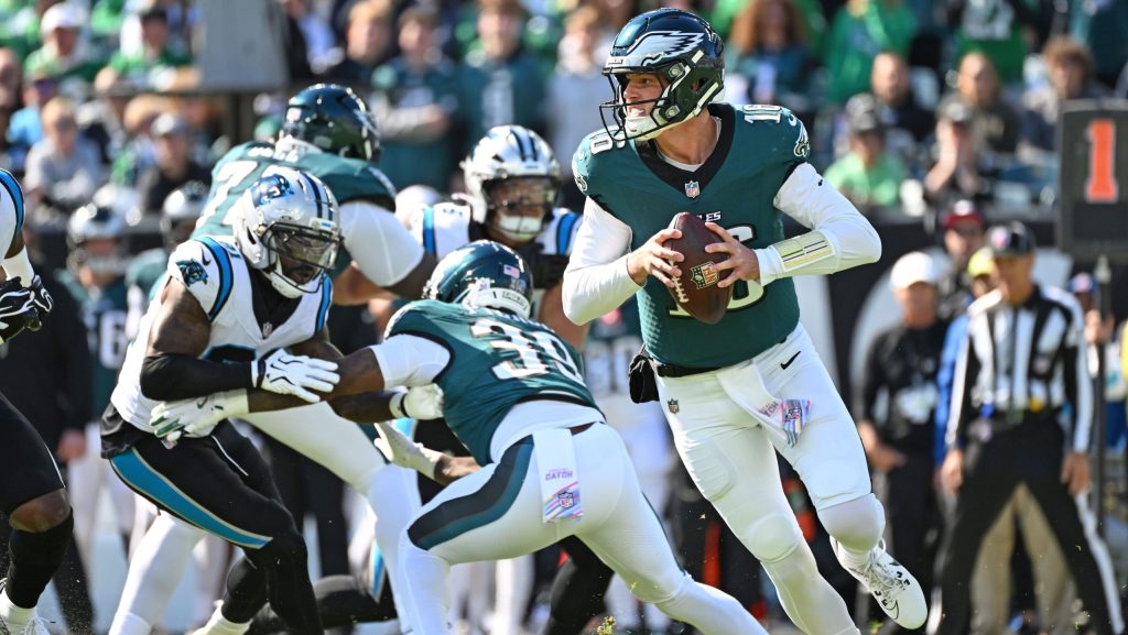 Oct 18, 2026; Philadelphia, Pennsylvania, USA; Philadelphia Eagles quarterback Tanner McKee (16) looks for a receiver against the Carolina Panthers at Lincoln Financial Field.