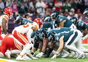 Feb 9, 2025; New Orleans, LA, USA; Philadelphia Eagles quarterback Jalen Hurts (1) lines up for the tush push play on the goal line against the Kansas City Chiefs during Super Bowl LIX at Ceasars Superdome.