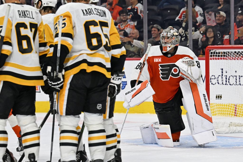 Sep 30, 2026; Philadelphia, Pennsylvania, USA; Philadelphia Flyers goaltender Dan Vladar (80) reacts after allowing a goal against the Pittsburgh Penguins during the third period at Xfinity Mobile Arena.