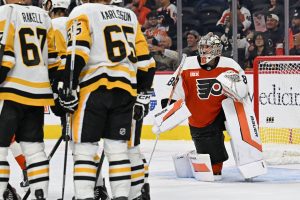 Sep 30, 2026; Philadelphia, Pennsylvania, USA; Philadelphia Flyers goaltender Dan Vladar (80) reacts after allowing a goal against the Pittsburgh Penguins during the third period at Xfinity Mobile Arena.