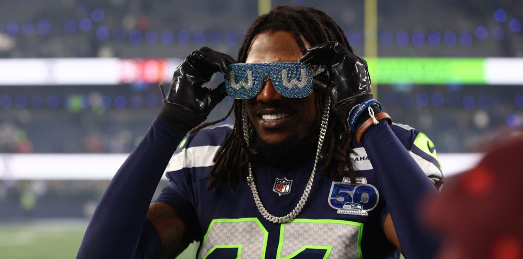 Jan 17, 2026; Seattle, WA, USA; Seattle Seahawks cornerback Riq Woolen (27) celebrates following an NFC Divisional Round game against the San Francisco 49ers at Lumen Field.