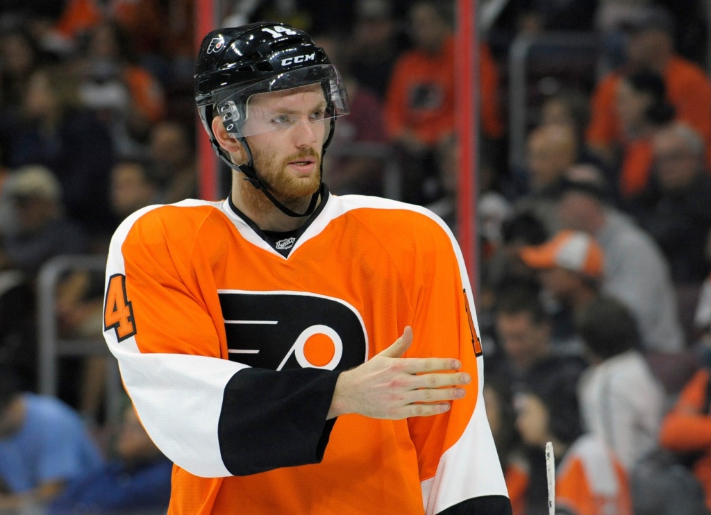 Pictured here: Sean Couturier and Shayne Gostisbehere discuss strategy. Photo credit: Eric Hartline-USA TODAY Sports
