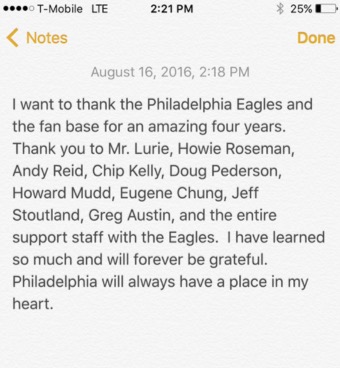 Dennis Kelly Tweets Very Kind Thank You to Eagles