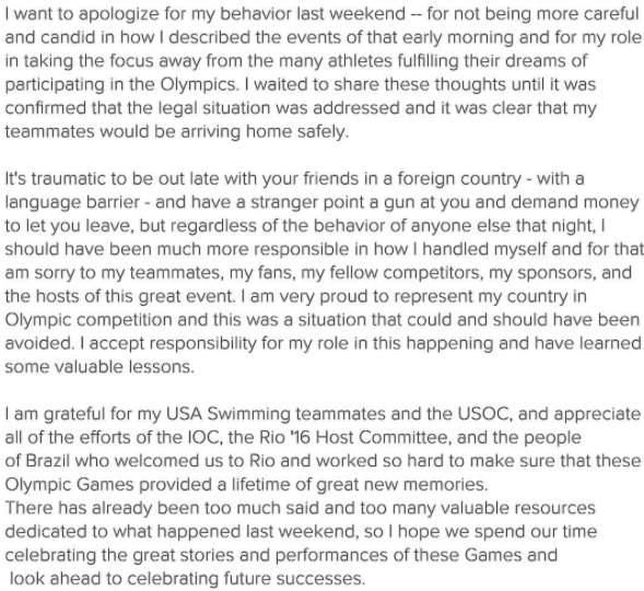 Ryan Lochte Just Released The Following Statement on His Instagram for the International Incident Which Occurred as a Result of His Drunken Antics