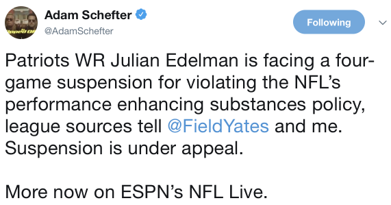 Julian Edelman Is Suspended Four Games For Using PEDs
