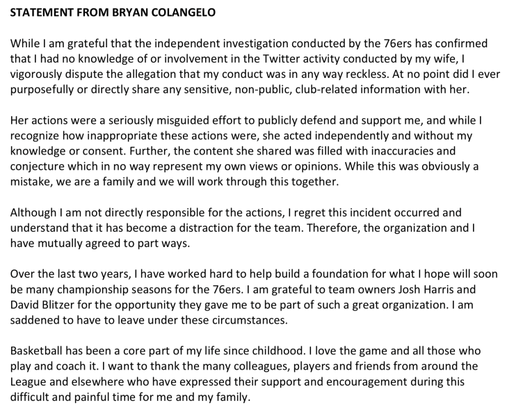 Bryan Colangelo Lays Waste To His Wife In Statement