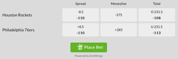 sixers rockets odds draftkings