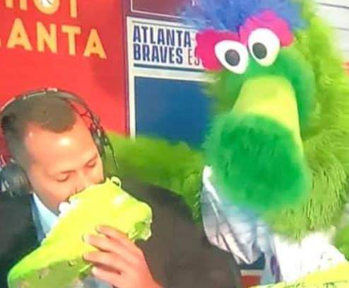 Alex Rodriguez smells the Phanatic's shoe