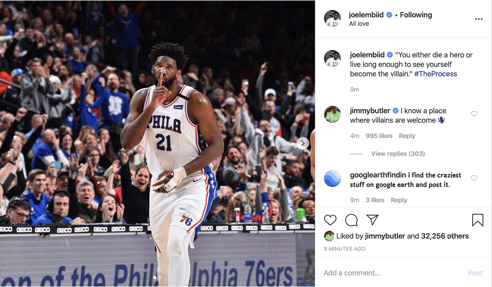 Joel Embiid on Instagram: “You Either Die a Hero or Live Long Enough to See Yourself Become the Villain”