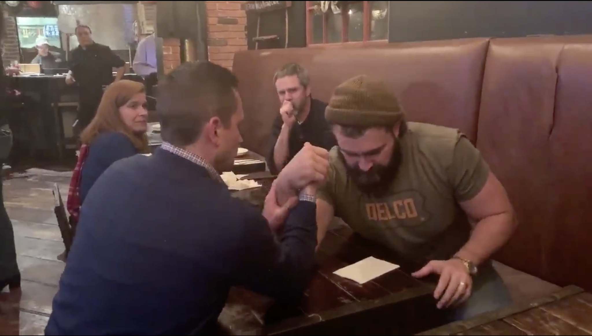 Jason Kelce Arm Wrestles Delco Man While Wearing Delco Shirt