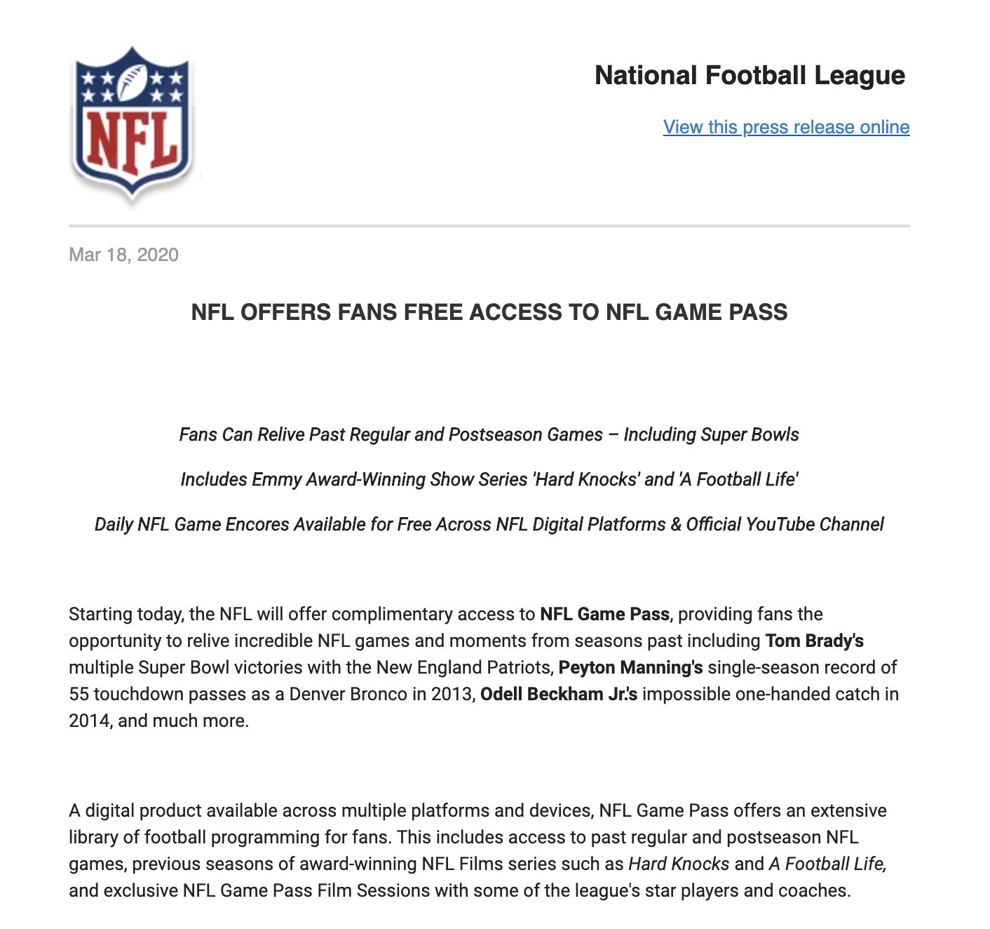 The NFL is Making Game Pass Available for Free - Crossing Broad