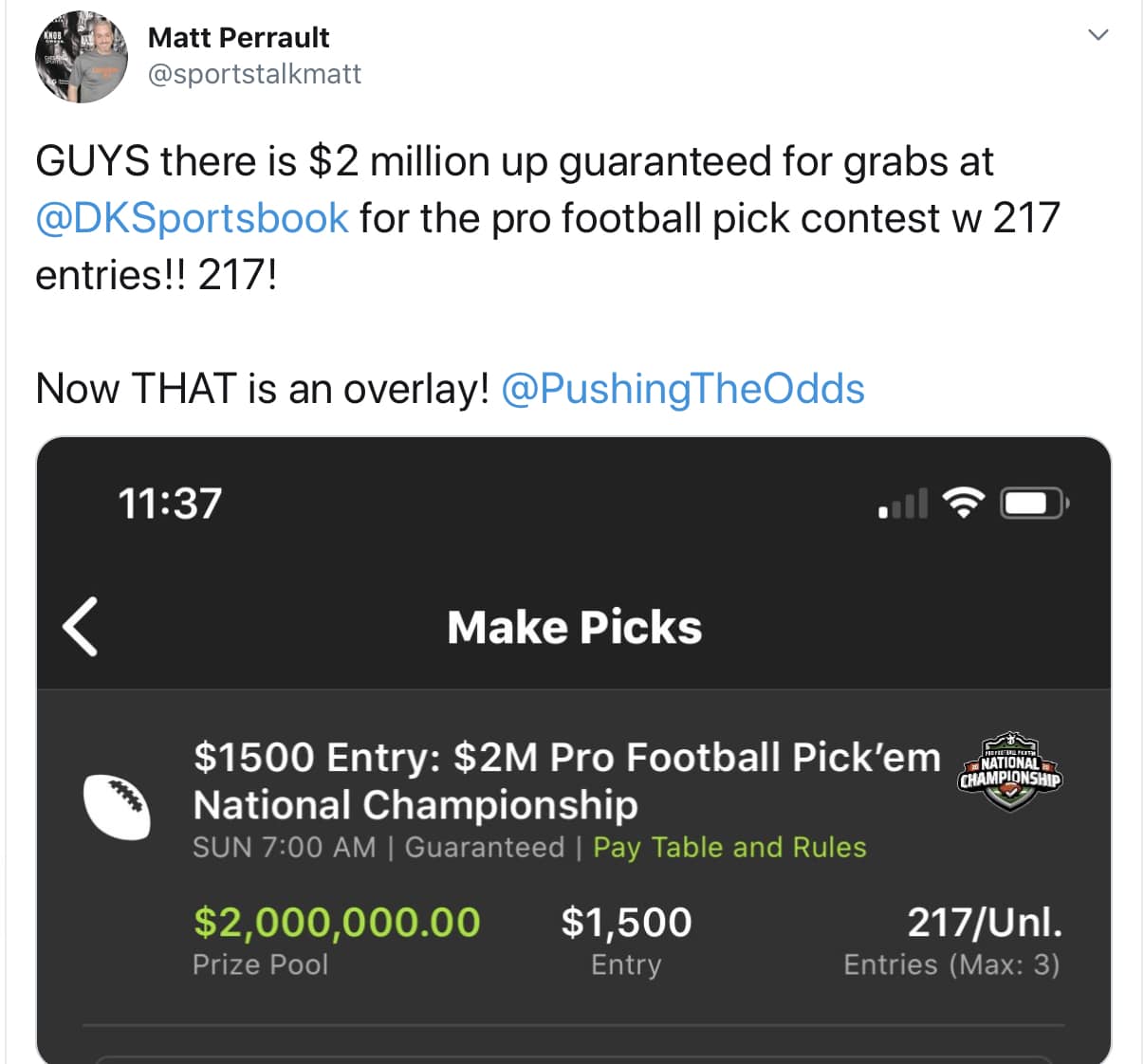 DraftKings Sportsbook's $2 Million Guaranteed NFL Pick Em Has Ridiculously  Low Entries