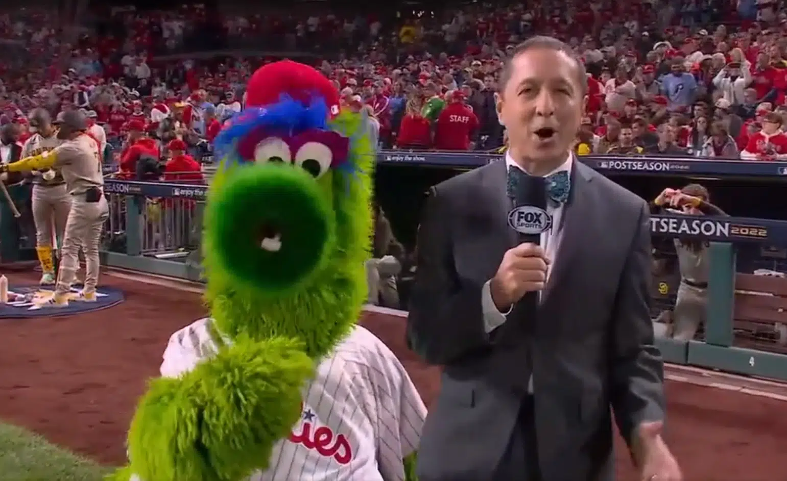 Camera Cuts Away as Phillie Phanatic Dunks on Ken Rosenthal Crossing