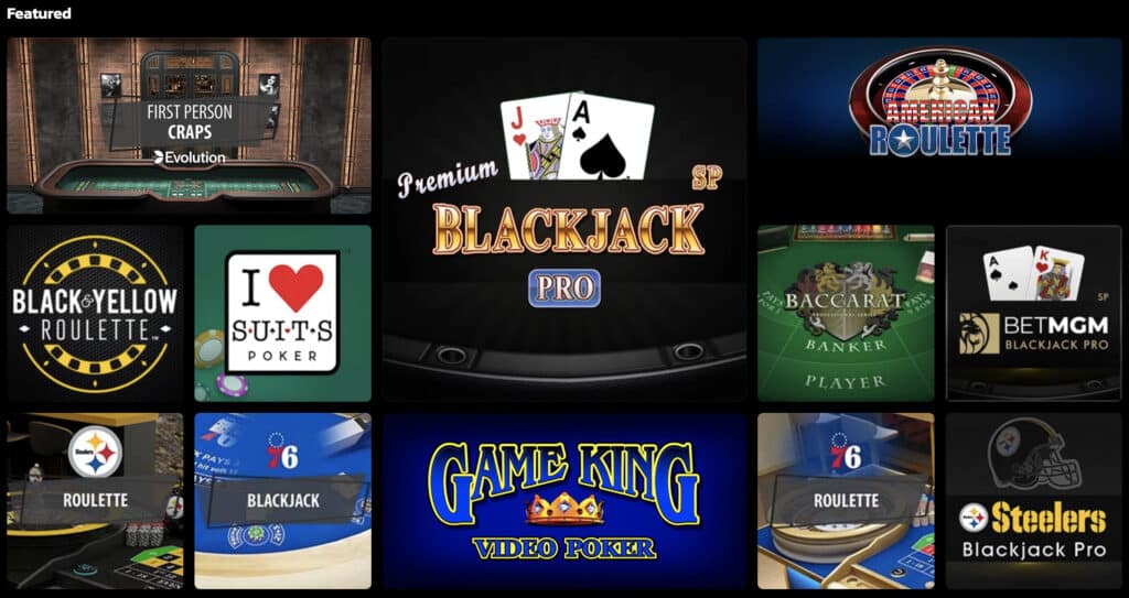 BetMGM Online Casino Games Featured Table