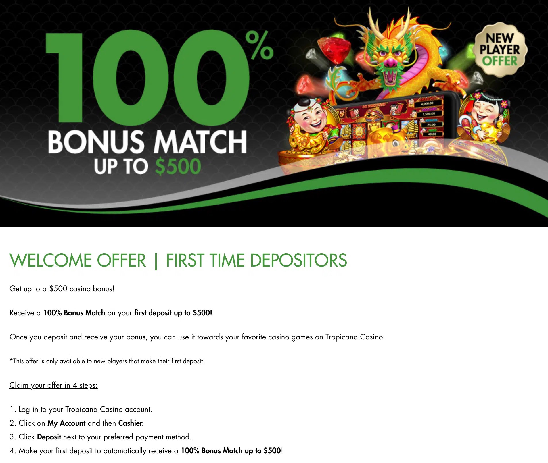 Tropicana Casino PA, $500 Bonus Match