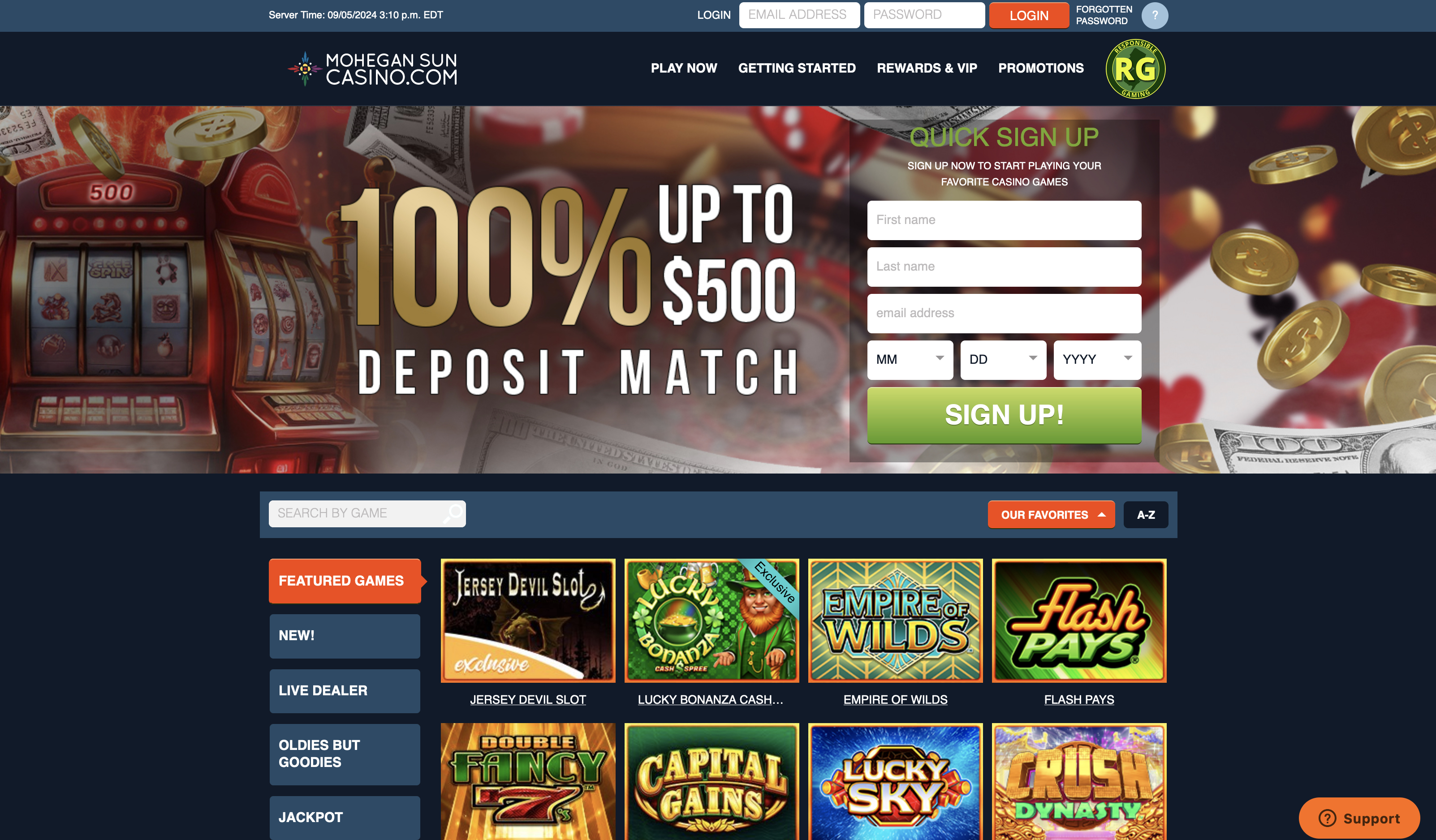 Mohegan Sun Online Casino Homepage
